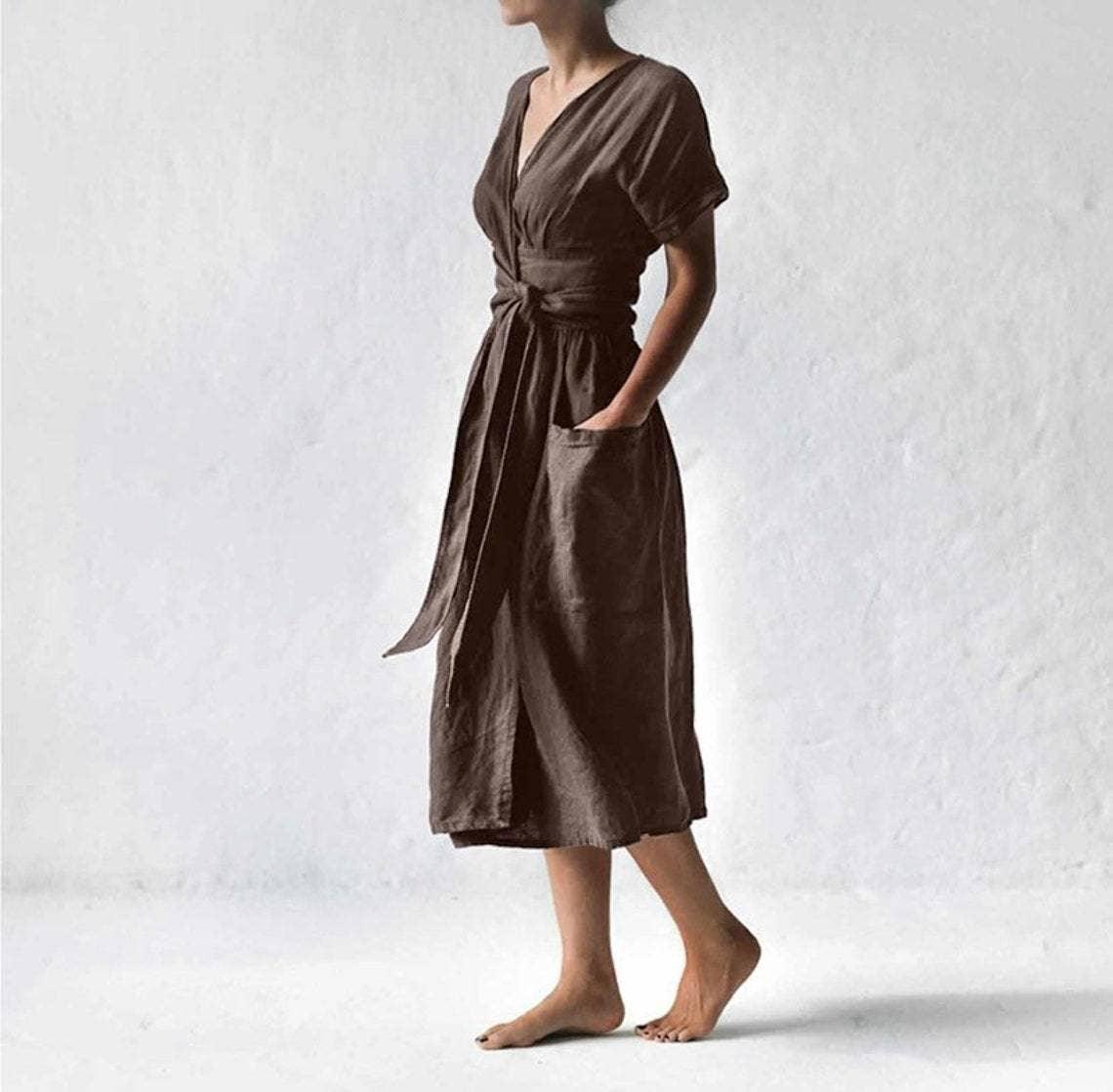 Ladies Waist Tie Solid Color Daily Midi Dress 9291 - SWEETKAMA