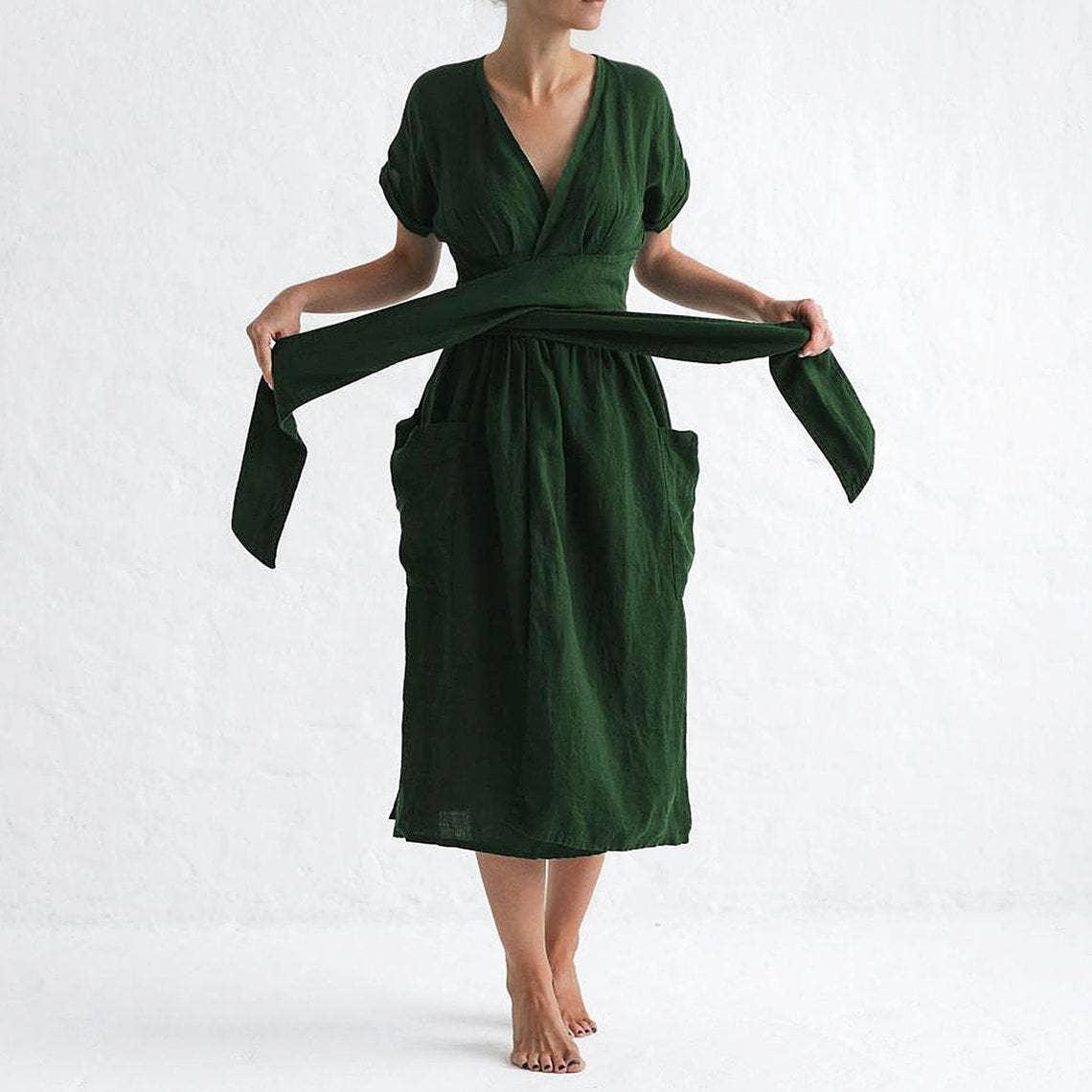 Ladies Waist Tie Solid Color Daily Midi Dress 9291 - SWEETKAMA