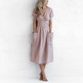 Ladies Waist Tie Solid Color Daily Midi Dress 9291 - SWEETKAMA