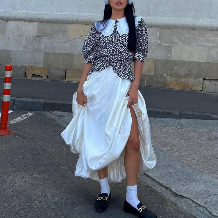 Ladies White Satin Bud Skirt Fluffy Puffy Skirt BSQ10087T - SWEETKAMA