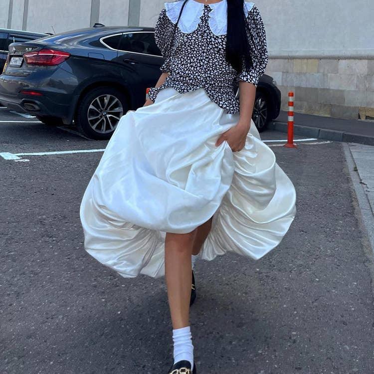 Ladies White Satin Bud Skirt Fluffy Puffy Skirt BSQ10087T - SWEETKAMA