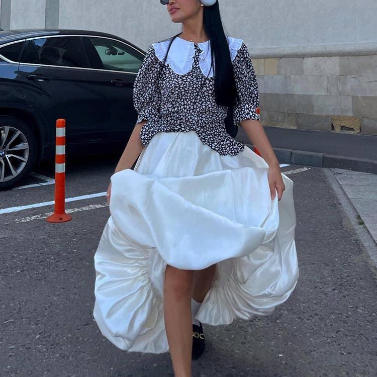 Ladies White Satin Bud Skirt Fluffy Puffy Skirt BSQ10087T - SWEETKAMA