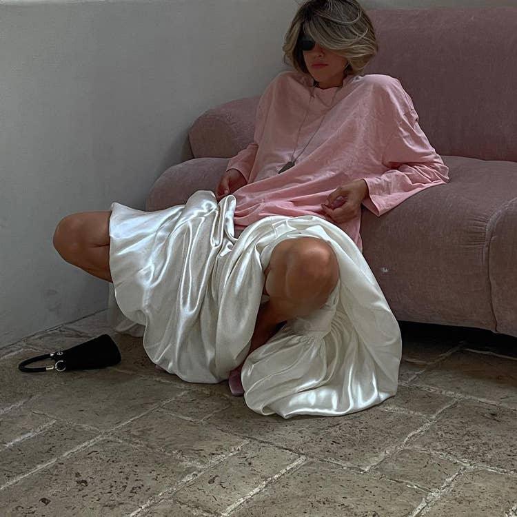 Ladies White Satin Bud Skirt Fluffy Puffy Skirt BSQ10087T - SWEETKAMA