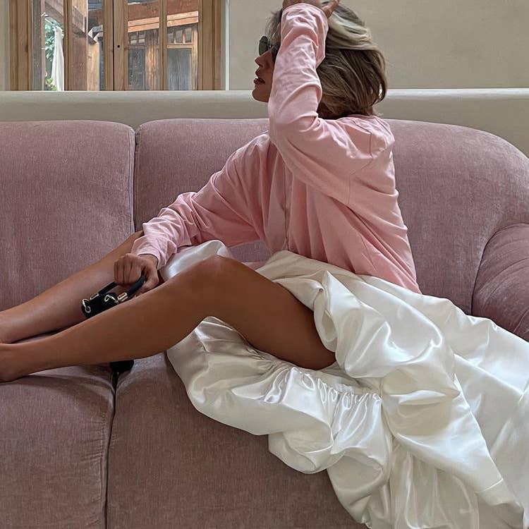 Ladies White Satin Bud Skirt Fluffy Puffy Skirt BSQ10087T - SWEETKAMA