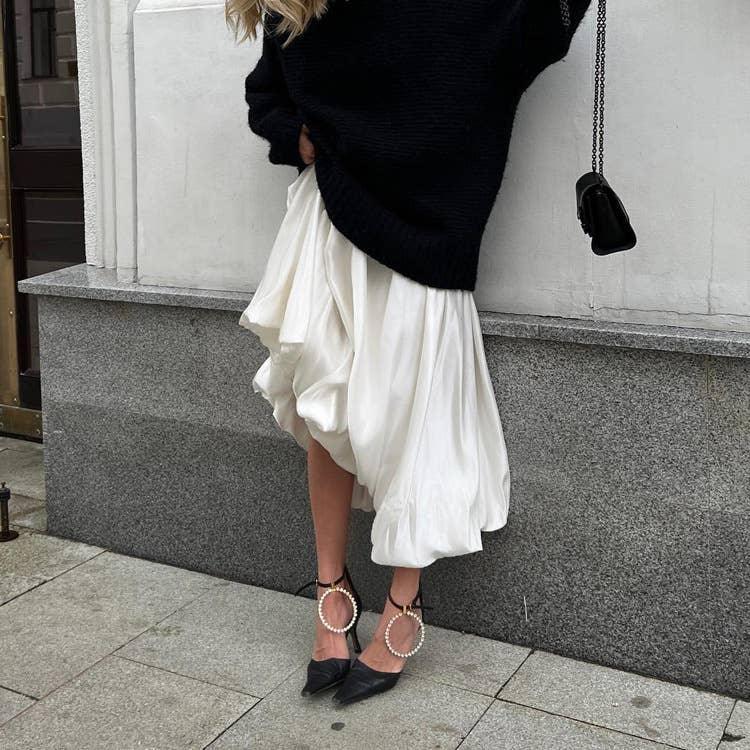 Ladies White Satin Bud Skirt Fluffy Puffy Skirt BSQ10087T - SWEETKAMA