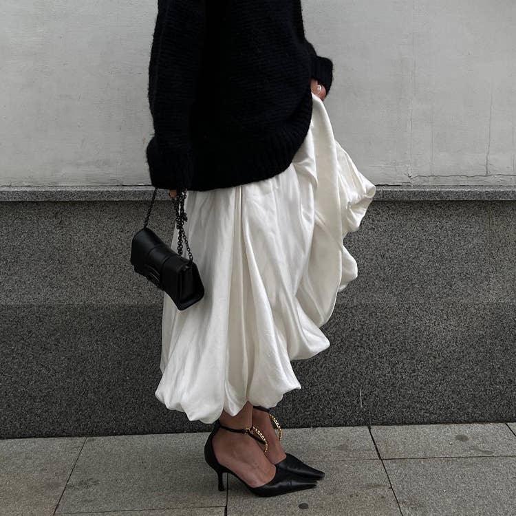 Ladies White Satin Bud Skirt Fluffy Puffy Skirt BSQ10087T - SWEETKAMA