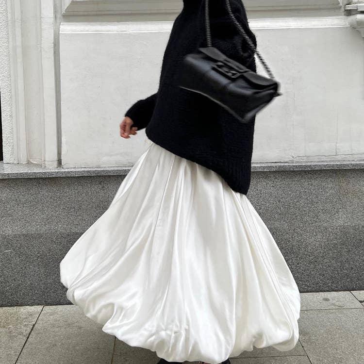 Ladies White Satin Bud Skirt Fluffy Puffy Skirt BSQ10087T - SWEETKAMA