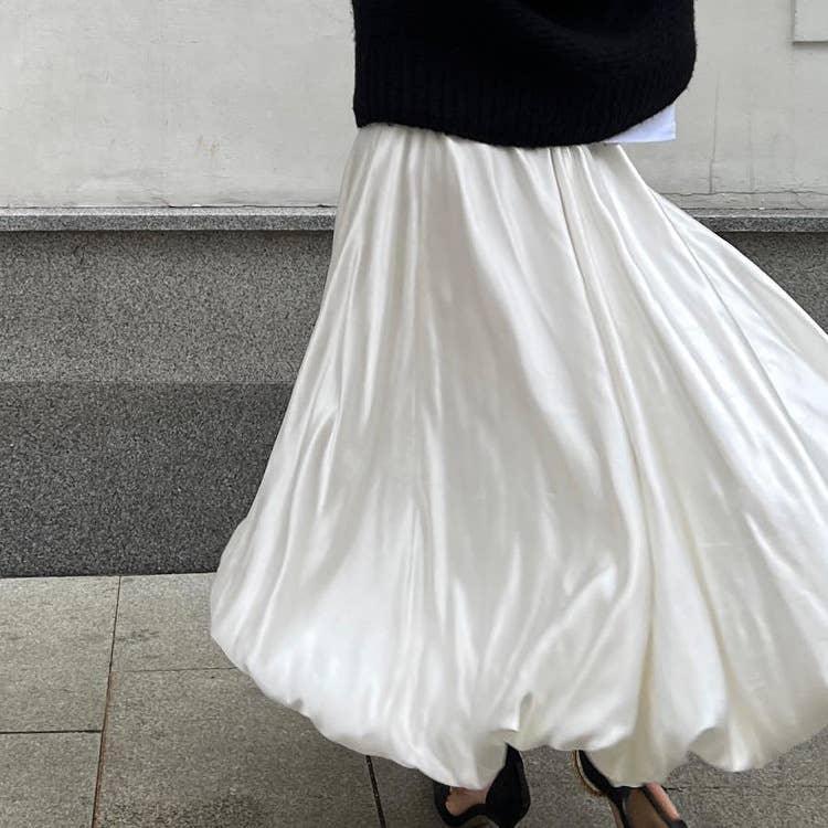 Ladies White Satin Bud Skirt Fluffy Puffy Skirt BSQ10087T - SWEETKAMA