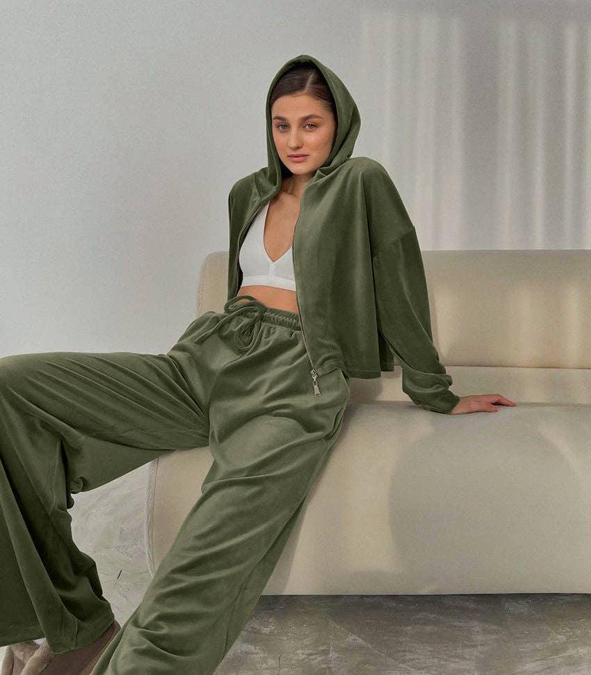 Ladies Zipper Hooded Coat Loose Pants Velvet Set 2TZ7115 - SWEETKAMA