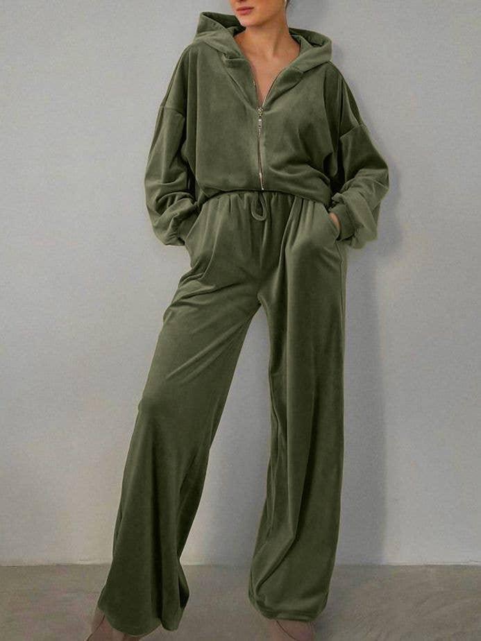 Ladies Zipper Hooded Coat Loose Pants Velvet Set 2TZ7115 - SWEETKAMA