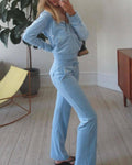 Ladies Zipper Hooded Coat Pockets Pants Velvet Set 9839 - SWEETKAMA
