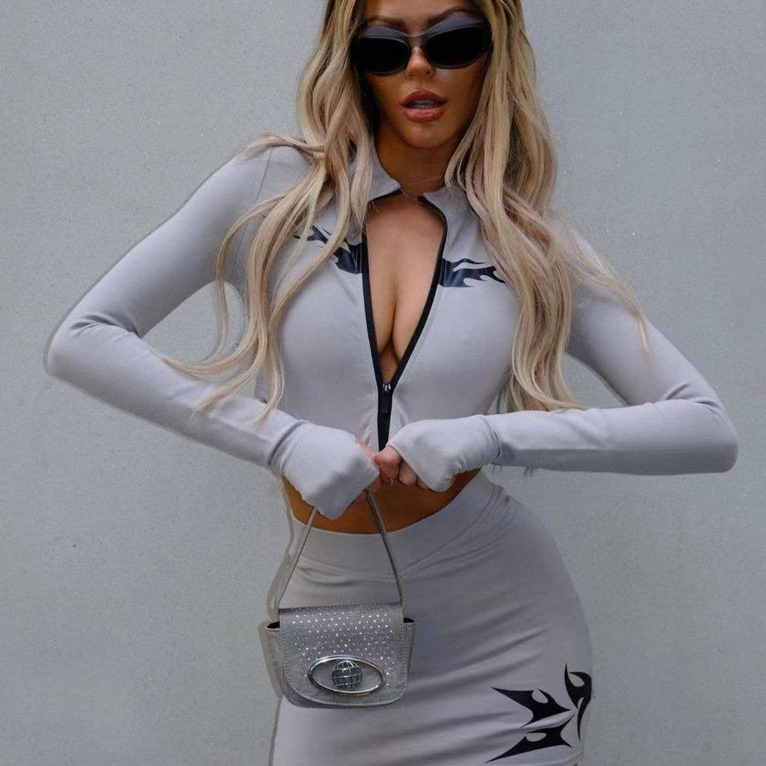 Ladies Zipper Short Coat Hip Wrap Mini Skirt Set Z543 - SWEETKAMA