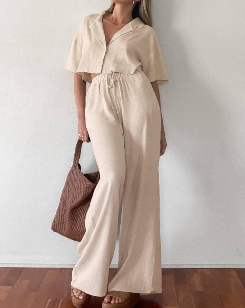 Lapel Short Shirt Straight Leg Pants 2PCS Set 2SYCK1706B - SWEETKAMA