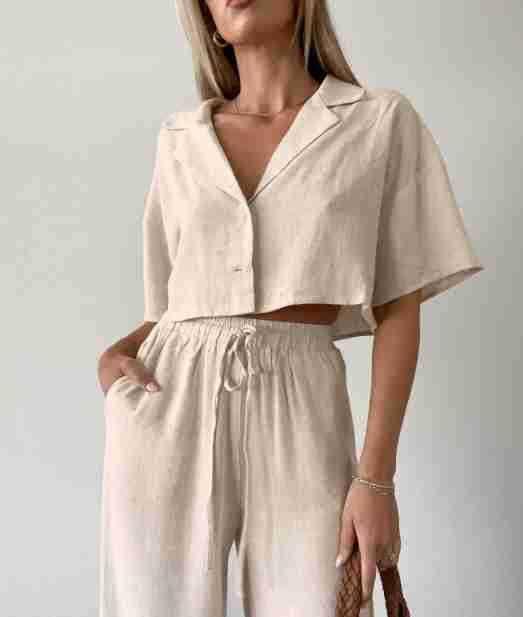 Lapel Short Shirt Straight Leg Pants 2PCS Set 2SYCK1706B - SWEETKAMA