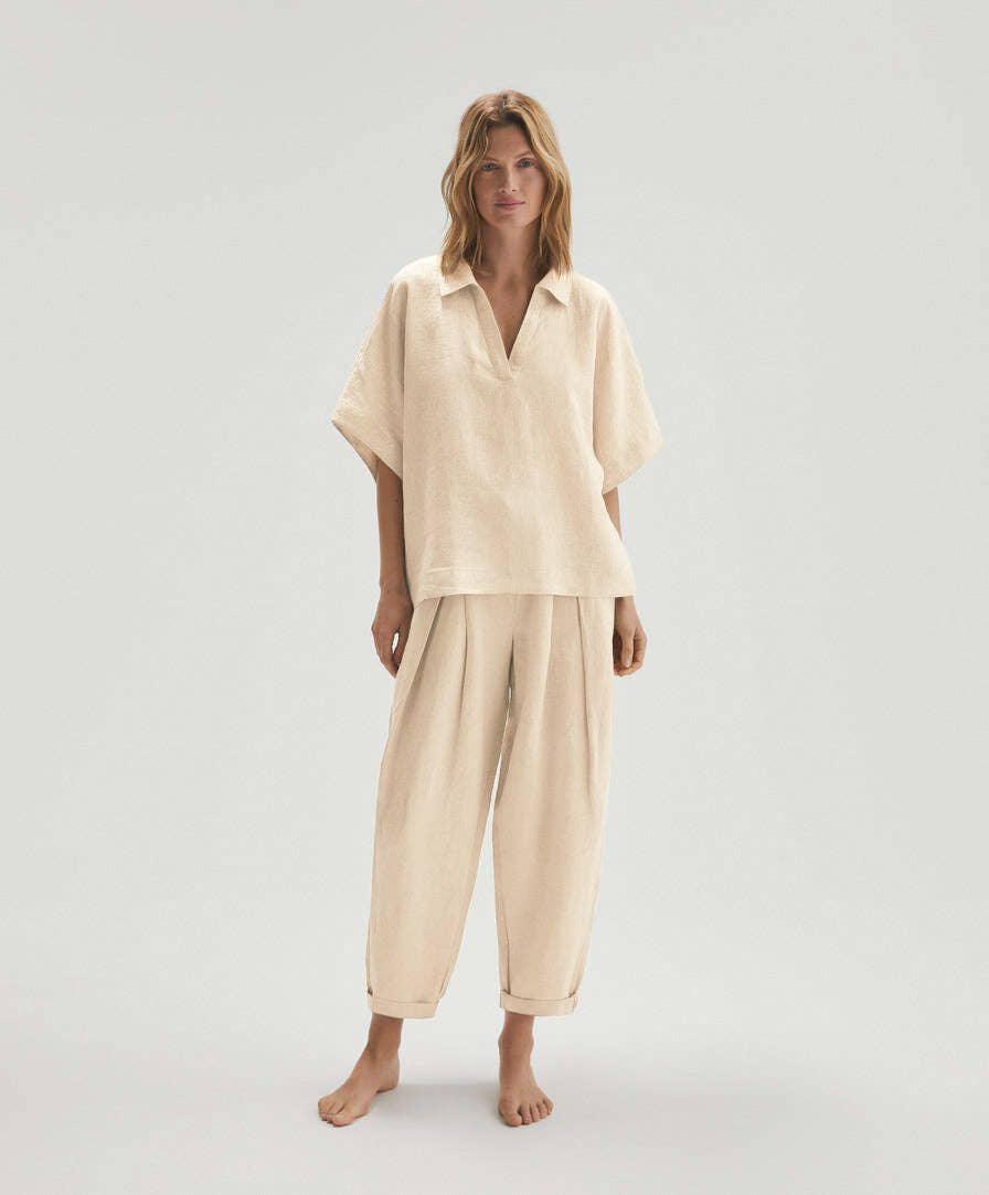 Lapel V-Neck Top Long Loose Pants Ladies Set 2SYCK6003B - SWEETKAMA