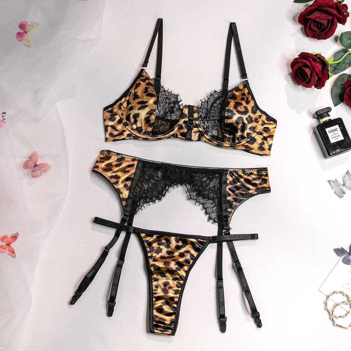 Leopard Print Sexy Lingerie Set with Garter Belt 2740 - SWEETKAMA