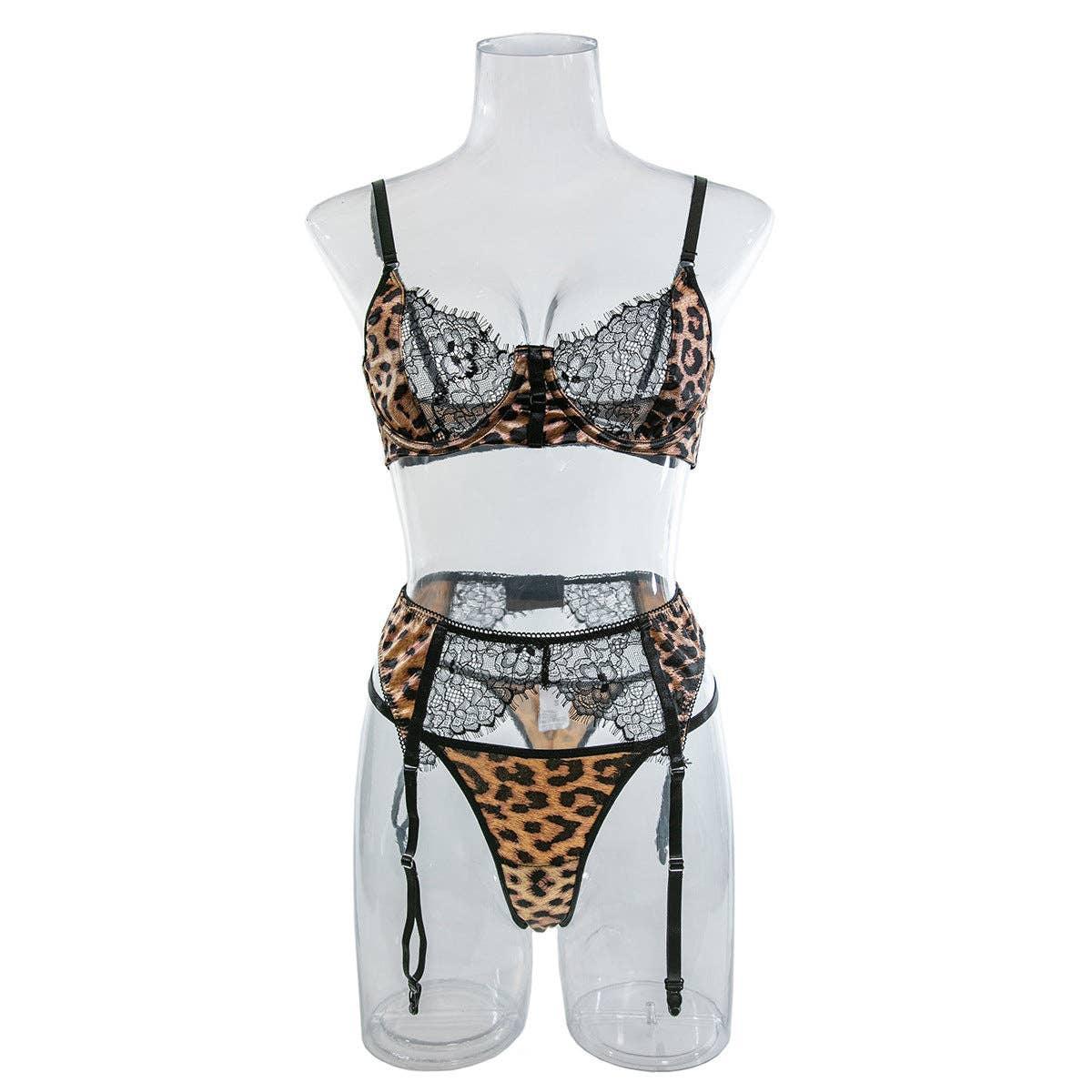 Leopard Print Sexy Lingerie Set with Garter Belt 2740 - SWEETKAMA