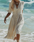 Linen Casual Short Sleeves Bowknot Midi Dress SKD152 - SWEETKAMA