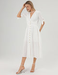 Linen Casual Short Sleeves Bowknot Midi Dress SKD152 - SWEETKAMA
