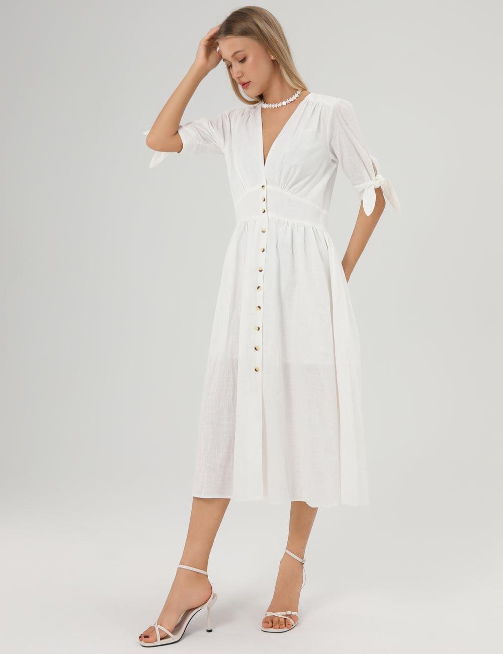 Linen Casual Short Sleeves Bowknot Midi Dress SKD152 - SWEETKAMA
