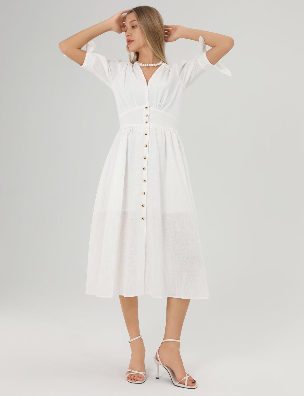 Linen Casual Short Sleeves Bowknot Midi Dress SKD152 - SWEETKAMA