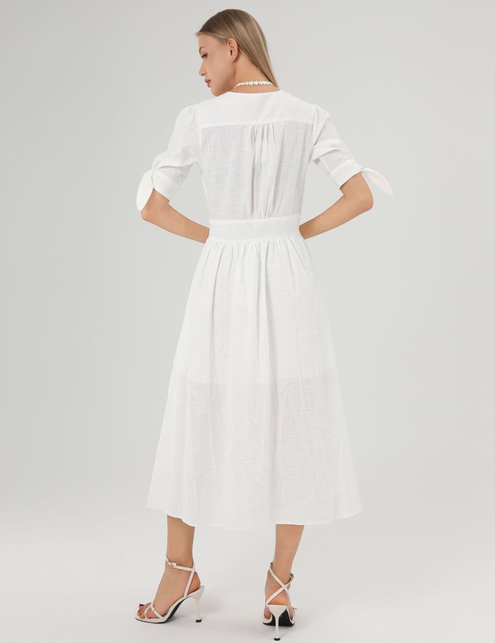 Linen Casual Short Sleeves Bowknot Midi Dress SKD152 - SWEETKAMA