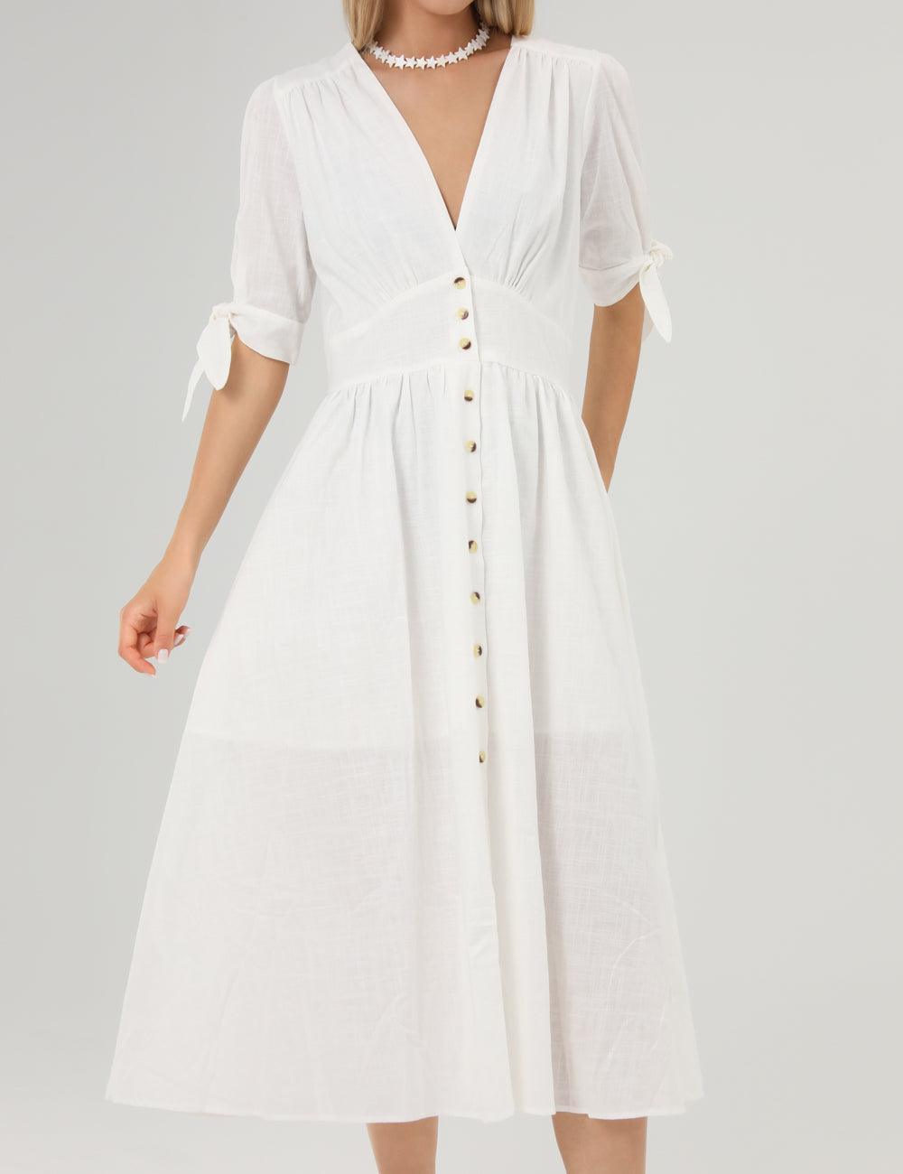 Linen Casual Short Sleeves Bowknot Midi Dress SKD152 - SWEETKAMA