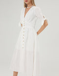 Linen Casual Short Sleeves Bowknot Midi Dress SKD152 - SWEETKAMA