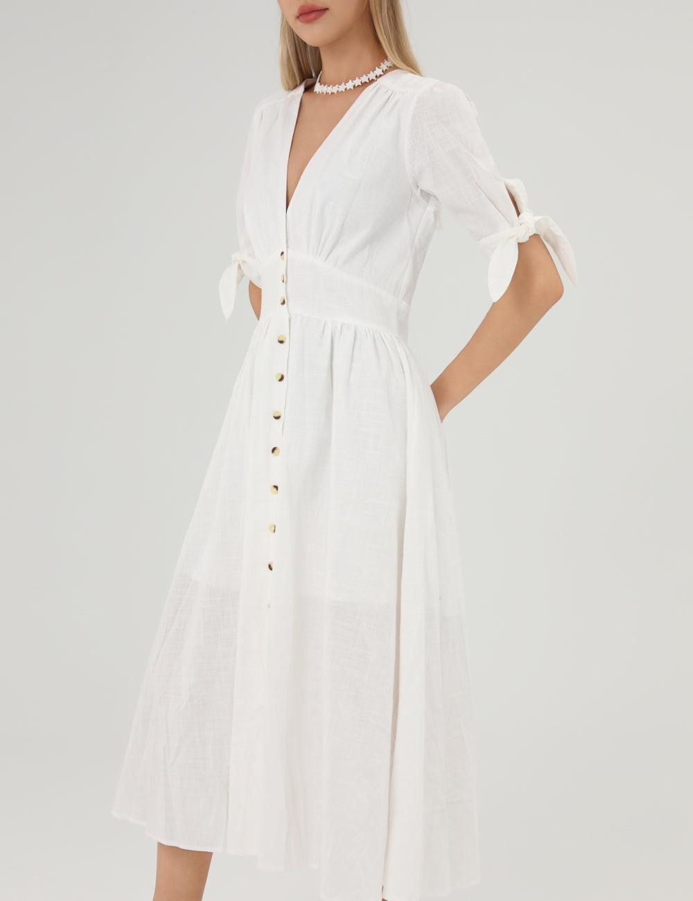 Linen Casual Short Sleeves Bowknot Midi Dress SKD152 - SWEETKAMA