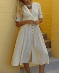 Linen Casual Short Sleeves Bowknot Midi Dress SKD152 - SWEETKAMA