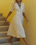 Linen Casual Short Sleeves Bowknot Midi Dress SKD152 - SWEETKAMA