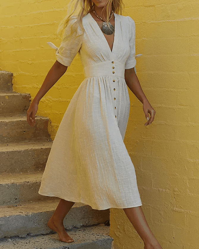 Linen Casual Short Sleeves Bowknot Midi Dress SKD152 - SWEETKAMA