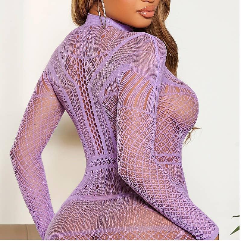 Long Sleeves Fishnet See Through Bodystocking Dress T9130 - SWEETKAMA