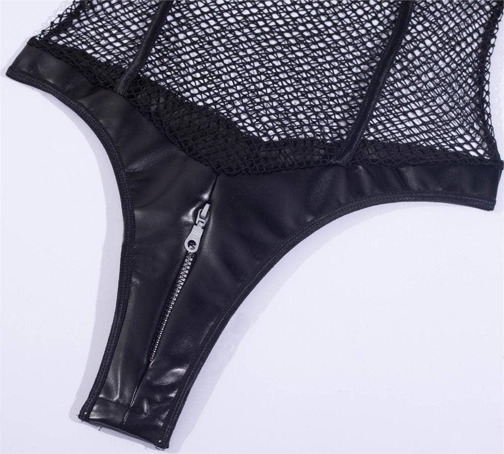 Mesh with PU Halter See Trough Lingerie Teddy LS1468 - SWEETKAMA