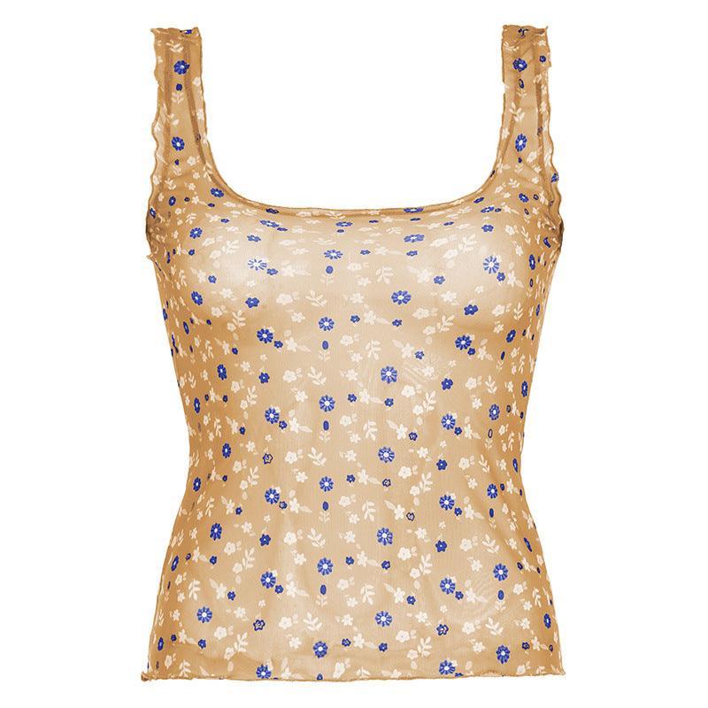 Missy Floral Print Mesh Selvedge Tank Top 15174 - SWEETKAMA