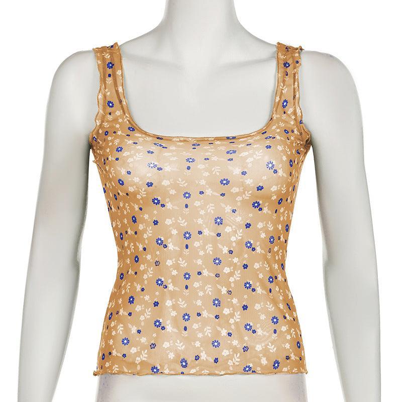 Missy Floral Print Mesh Selvedge Tank Top 15174 - SWEETKAMA