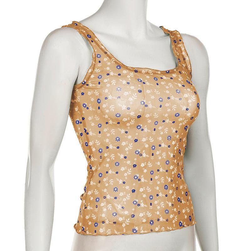 Missy Floral Print Mesh Selvedge Tank Top 15174 - SWEETKAMA