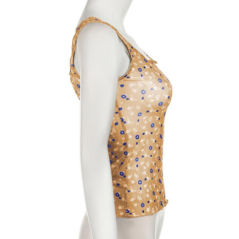 Missy Floral Print Mesh Selvedge Tank Top 15174 - SWEETKAMA