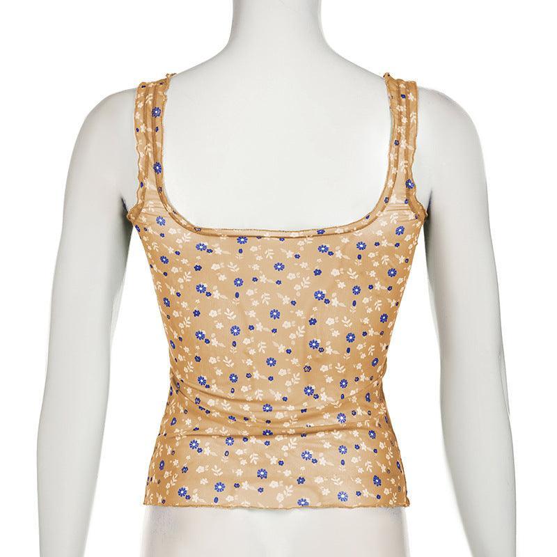 Missy Floral Print Mesh Selvedge Tank Top 15174 - SWEETKAMA