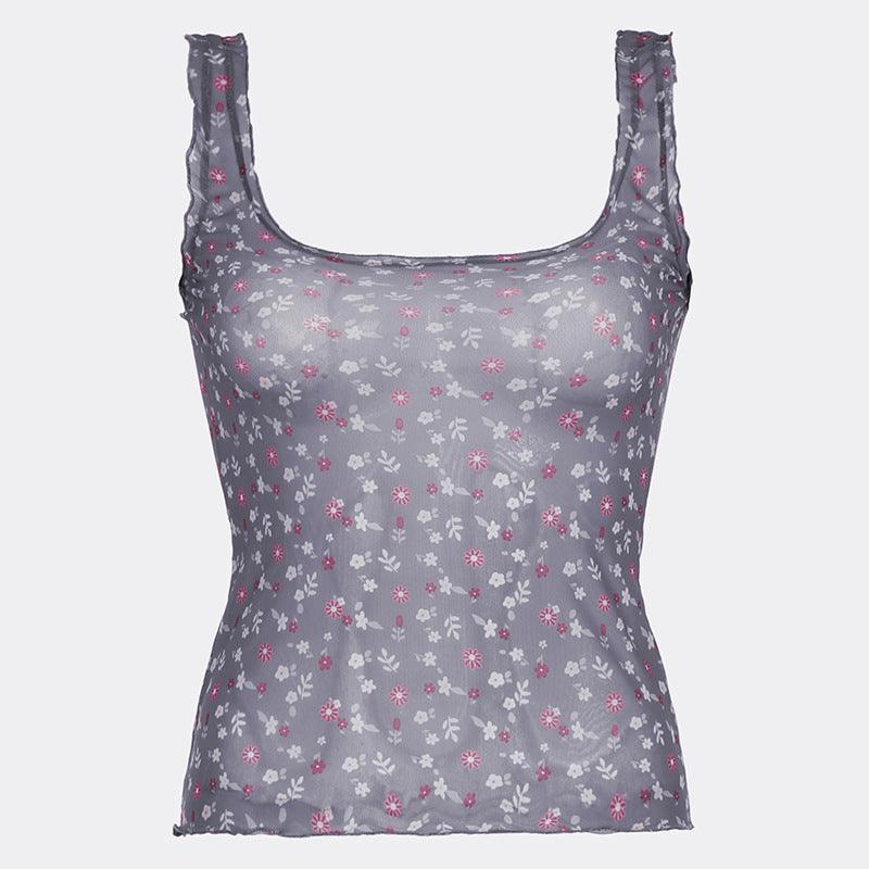 Missy Floral Print Mesh Selvedge Tank Top 15174 - SWEETKAMA