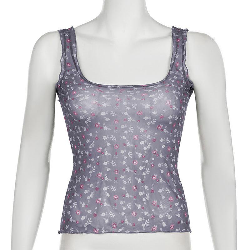 Missy Floral Print Mesh Selvedge Tank Top 15174 - SWEETKAMA