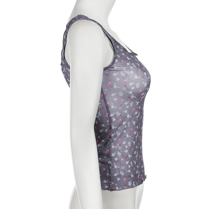 Missy Floral Print Mesh Selvedge Tank Top 15174 - SWEETKAMA