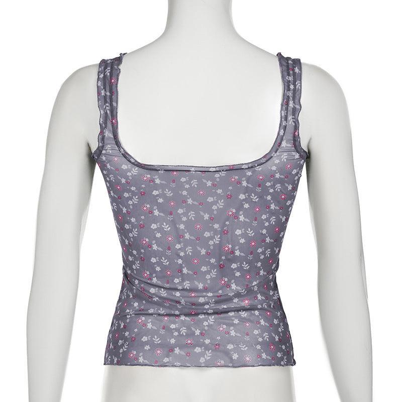 Missy Floral Print Mesh Selvedge Tank Top 15174 - SWEETKAMA