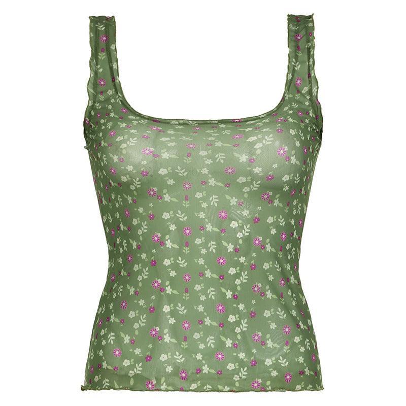 Missy Floral Print Mesh Selvedge Tank Top 15174 - SWEETKAMA