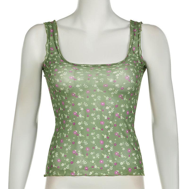 Missy Floral Print Mesh Selvedge Tank Top 15174 - SWEETKAMA