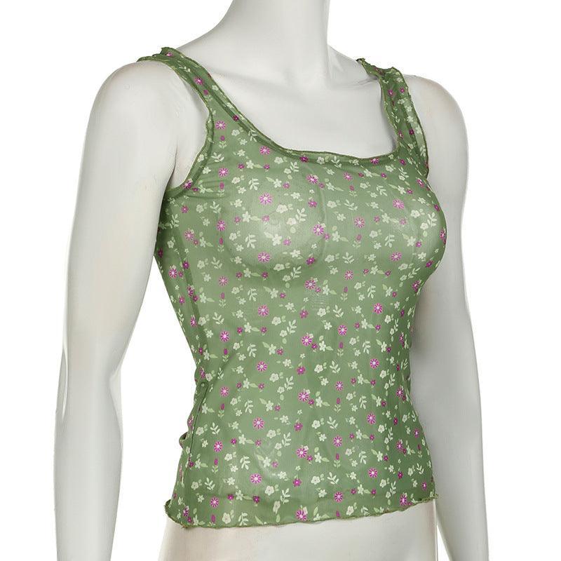 Missy Floral Print Mesh Selvedge Tank Top 15174 - SWEETKAMA
