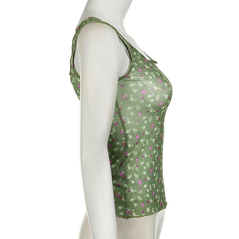 Missy Floral Print Mesh Selvedge Tank Top 15174 - SWEETKAMA