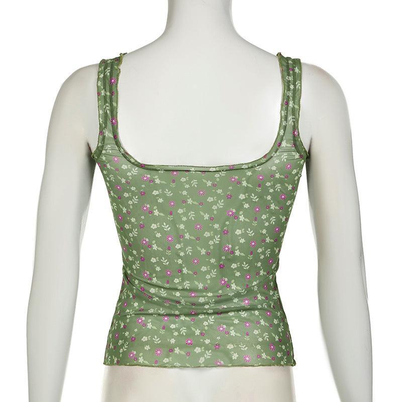 Missy Floral Print Mesh Selvedge Tank Top 15174 - SWEETKAMA