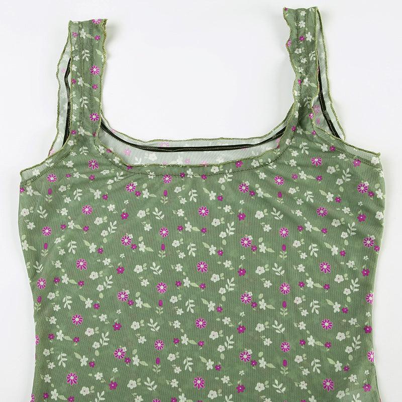 Missy Floral Print Mesh Selvedge Tank Top 15174 - SWEETKAMA
