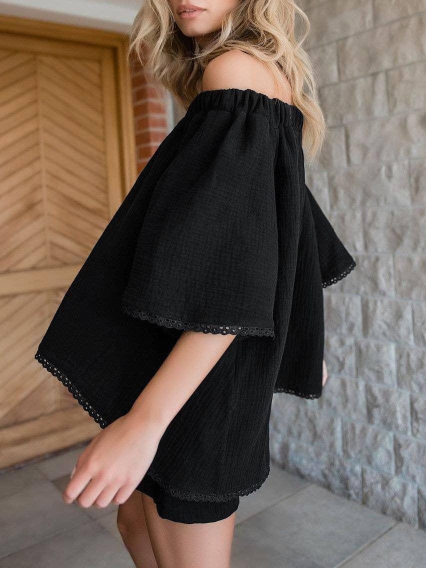 Off Shoulder Flounce Top Loose Shorts Ladies Set 2S1620B - SWEETKAMA
